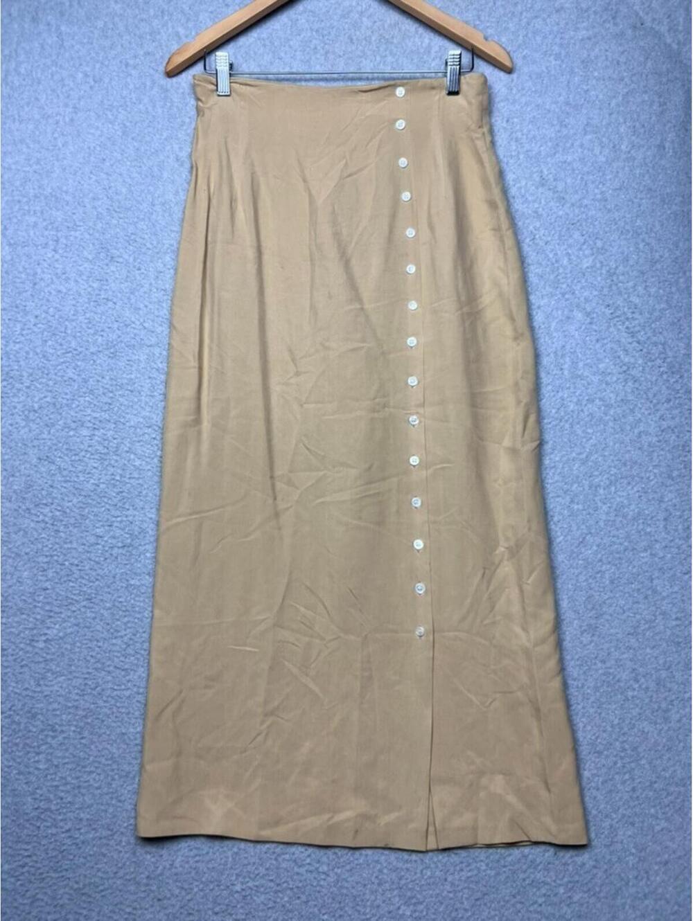 Wayne Rogers 100% Silk Maxi Skirt Tan Button Front Old Money Quiet Luxury 10 EUC